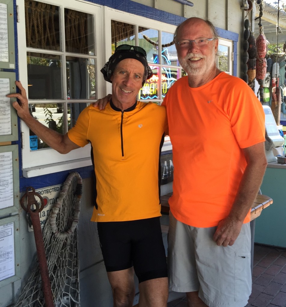 Tom and Ashe, the Screaming Orange Safety Twins at Stacky's for lunch (Tom's Pearl Izumi courtesy of Eric Nelson)